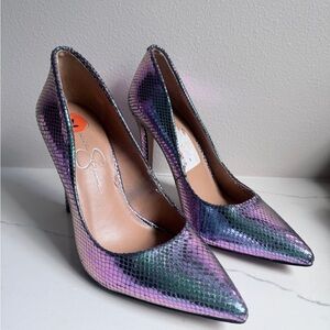 Jessica Simpson Iridescent Snake-Effect Pointed Pumps in Purple and Green